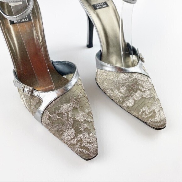 Stuart Weitzman Sliver Lace Pointed Closed Toe Stiletto Heels Size 7 Wide - Picture 4 of 10
